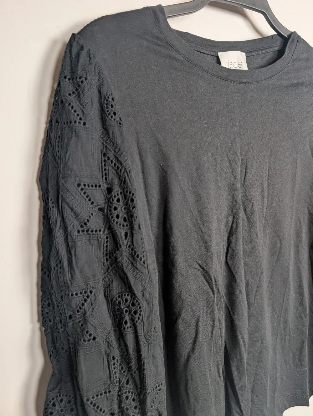 Johnny Was Nora Long Sleeve Easy Tee Black Eyelet Puff Sleeve Top Size Medium